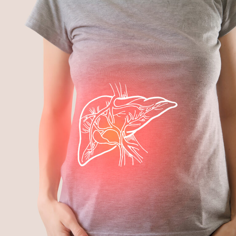 Illustration of a liver over a woman’s body showing its position.