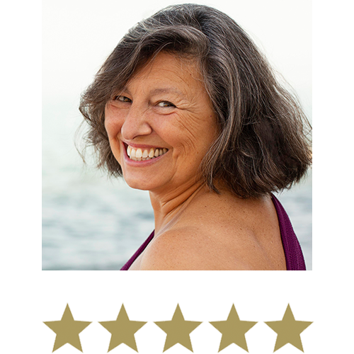 Sugar Cut™ Berberine 3 Woman smiling with five stars displayed underneath.