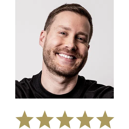 Man smiling with five stars beneath