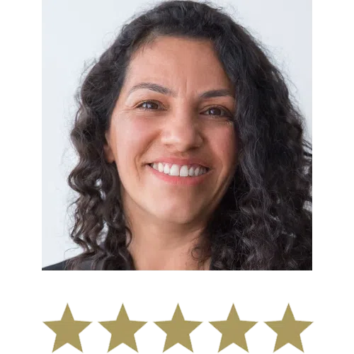 Woman smiling with five stars beneath