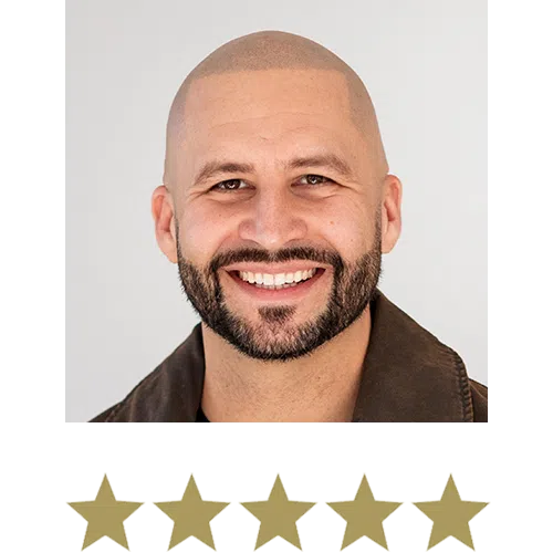 Man smiling with five stars beneath