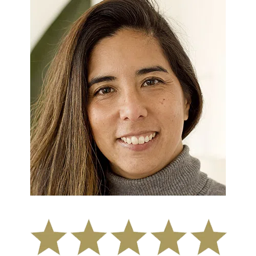 Woman smiling with five stars beneath