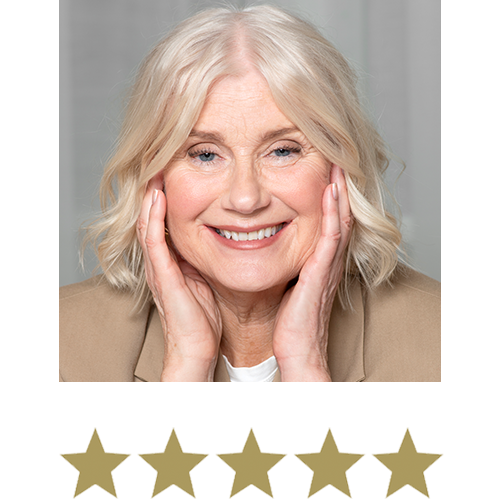 Natural Magic™ Anti-ageing Cream 13 Woman smiling with five stars displayed underneath.