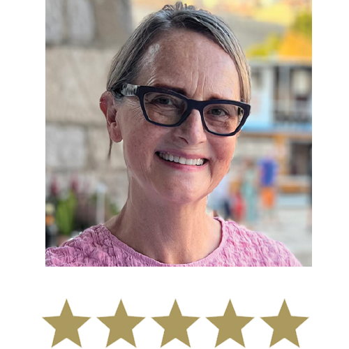 Natural Magic™ Firming Serum 13 Woman smiling with five stars displayed underneath.