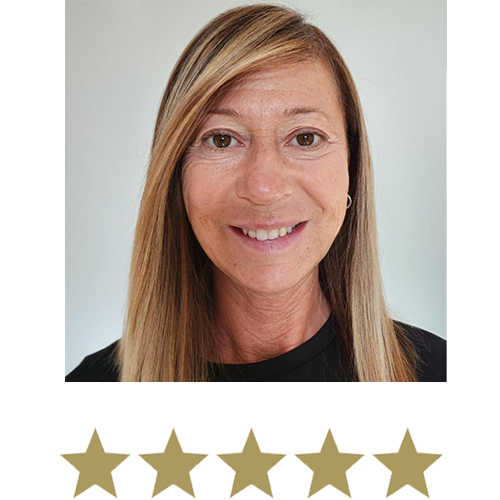 Natural Magic™ Amazing Eye Cream 14 Woman smiling with five stars displayed underneath.