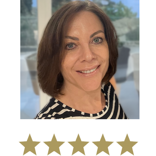 Natural Magic™ Amazing Eye Cream 13 Woman smiling with five stars displayed underneath.