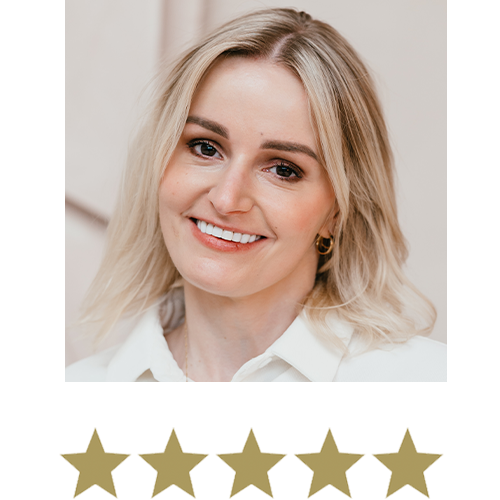 Natural Magic™ Firming Serum 14 Woman smiling with five stars displayed underneath.