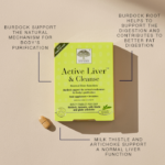 Image of New Nordic Active Liver™ & Cleanse showing key ingredients including burdock root, milk thistle, and artichoke. The tablets help maintain healthy digestion and support normal liver function.