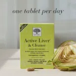 Image of New Nordic Active Liver™ & Cleanse tablets with text "One tablet per day". The tablets help maintain healthy digestion and normal liver function, with milk thistle, artichoke, turmeric, choline, burdock root, and black pepper.