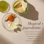 Image showing key ingredients of New Nordic Active Liver™ & Cleanse, including burdock root, milk thistle, artichoke, turmeric, and long pepper.