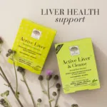Image of New Nordic Active Liver™ and Active Liver™ & Cleanse tablets showing the yellow product boxes surrounded by flowers. The tablets help maintain healthy digestion and normal liver function, with milk thistle, artichoke, turmeric, choline, burdock root, and black pepper.