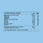 Ingredient table showing daily intake and amounts of magnesium, thiamine, riboflavin, vitamin B6, vitamin B12, biotin, folic acid, niacin, pantothenic acid and vitamin D with maritime pine bark and long pepper extracts.