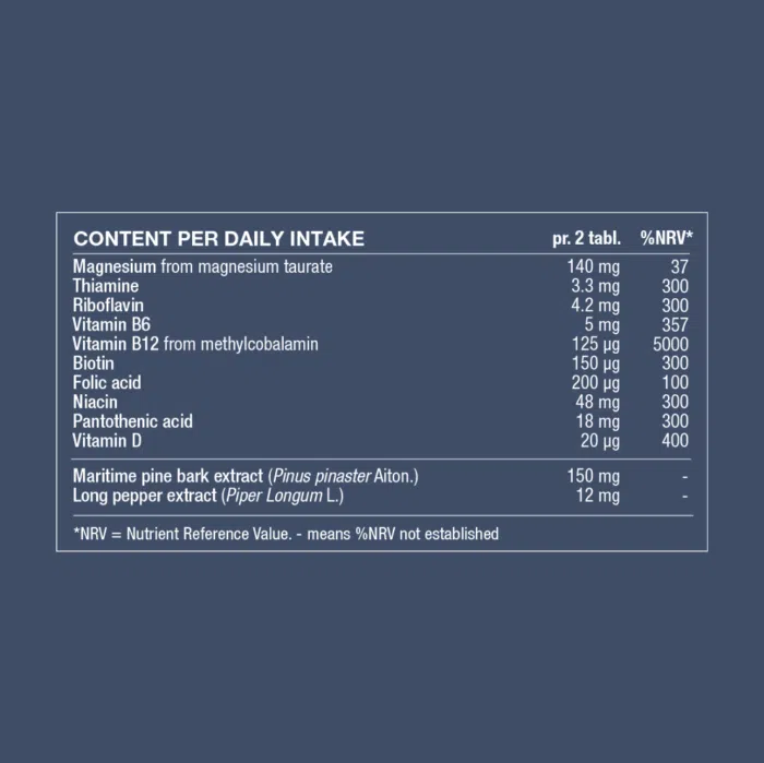 Ingredient table showing daily intake and amounts of magnesium, thiamine, riboflavin, vitamin B6, vitamin B12, biotin, folic acid, niacin, pantothenic acid and vitamin D with maritime pine bark and long pepper extracts.