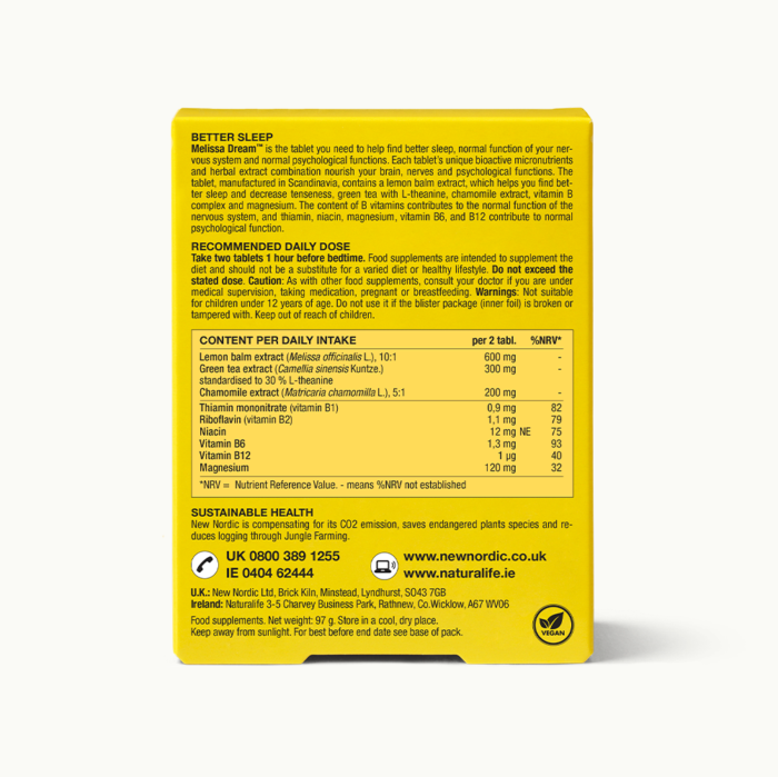 Back of Melissa Dream™ 100 tablet package.