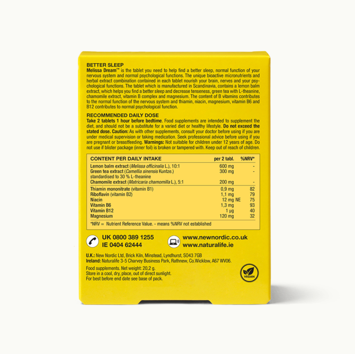 Back of Melissa Dream™ 20 tablet package.
