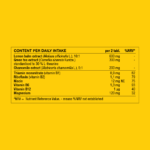 Ingredient table showing daily intake and amounts of lemon balm, green tea and chamomile extracts with thiamin mononitrate, riboflavin, niacin, vitamin B6, vitamin B12 and magnesium.