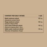 Ingredient table showing daily intake and amounts of reishi mushroom, chaga mushroom, Lion's Mane mushroom and golden oyster mushroom extracts.