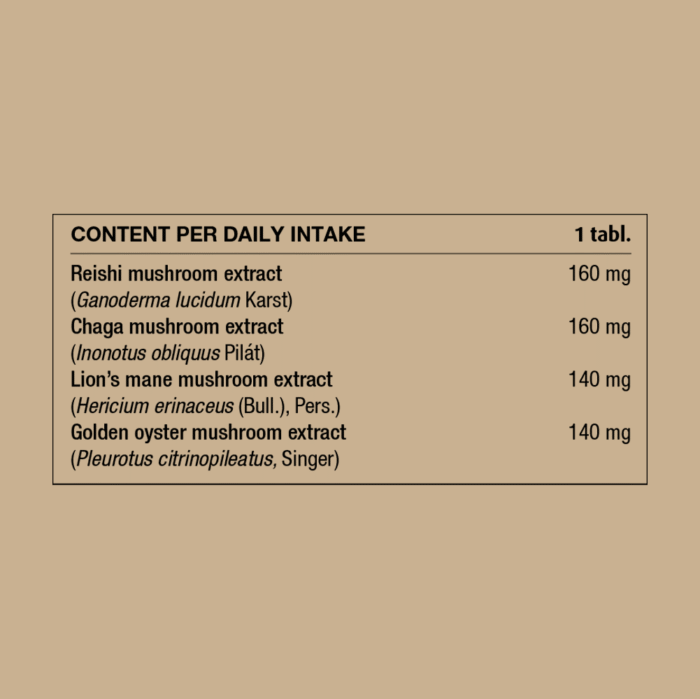 Ingredient table showing daily intake and amounts of reishi mushroom, chaga mushroom, Lion's Mane mushroom and golden oyster mushroom extracts.