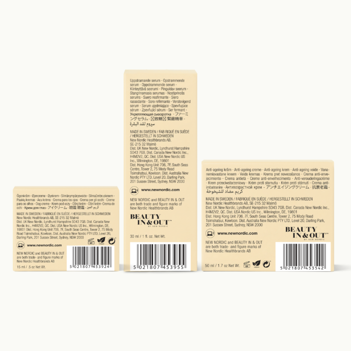 Back of Natural Magic™ Anti-Ageing Cream, Natural Magic™ Amazing Eye Cream and Natural Magic™ Firming Serum package.