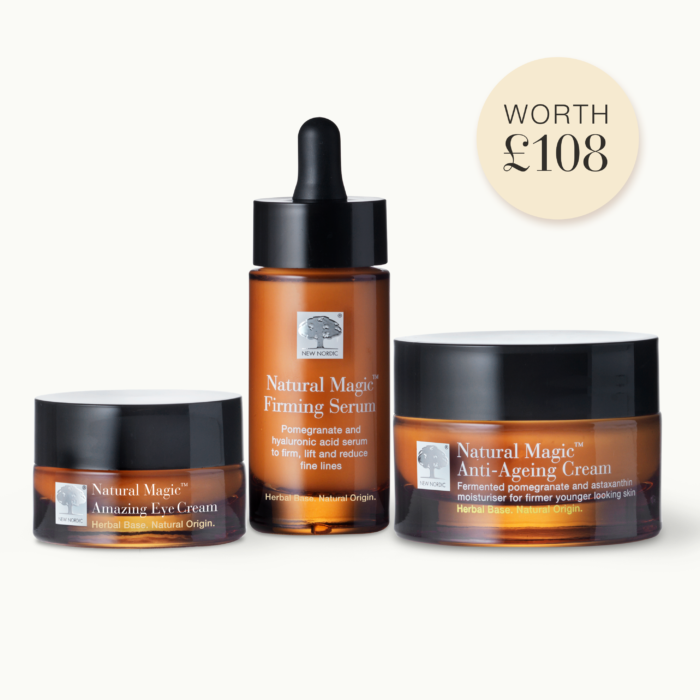 Front of Natural Magic™ Anti-Ageing Cream, Natural Magic™ Amazing Eye Cream and Natural Magic™ Firming Serum package.
