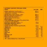 Ingredient table showing daily intake and amounts of pumpkin seed, tomato, galangal, plum bark, pomelo, turmeric, lycopene, maritime pine bark, long pepper, black pepper and lavender oil extracts with thiamine, riboflavin, niacin, vitamin B6, folsyre, vitamin B12, biotin, pantothenic acid, vitamin D3 and vitamin K2.