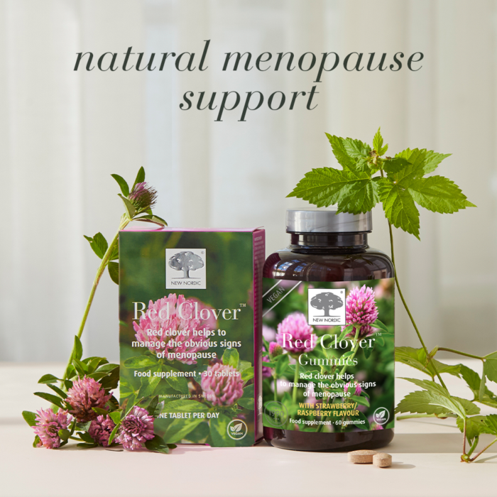 Red Clover™ box and Red Clover™ gummies package with plants around.