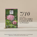 Image of the Red Clover Tablet box with a review panel statistic that reads: 7/10 said their hot flushes eased after 12 weeks in n internal review panel