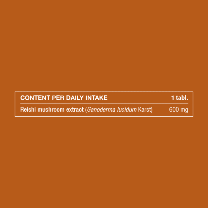 Ingredient table showing daily intake and amounts of Reishi mushroom extract.