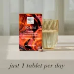 Reishi™ package displayed with a glass of water and the text “Just 1 tablet per day”.