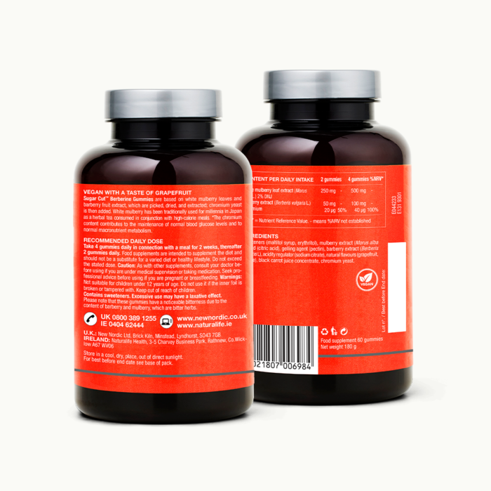 Back of Sugar Cut™ Berberine Gummies package.