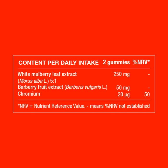 Ingredient table showing daily intake and amounts of white mulberry leaf and barberry fruit extracts with chromium.