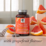 Sugar Cut™ Berberine Gummies with freshly cut grapefruit and text: With Grapefruit Flavor.