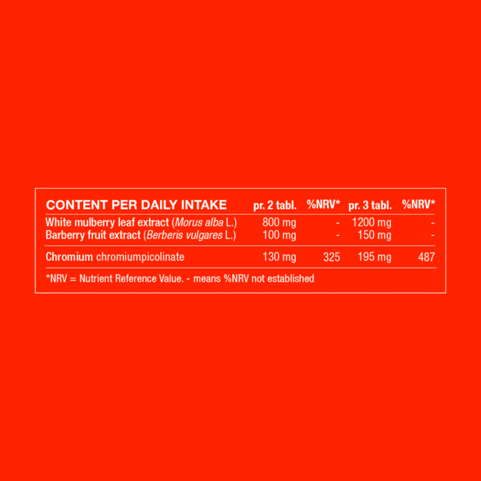 Ingredient table showing daily intake and amounts of white mulberry leaf and barberry fruit extracts with chromium.