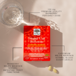 Benefits of Sugar Cut™ Berberine Tablets shown with two tablets and a glass of water.