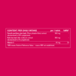 Ingredient table showing daily intake and amounts of french maritime pine bark and red vine leaf extracts with vitamin C.