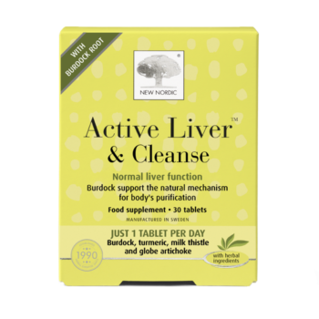 New Nordic Active Liver™ & Cleanse tablets help maintain healthy digestion and normal liver function, with burdock root, milk thistle, artichoke, turmeric, and black pepper. Image of product.