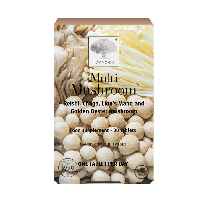 New Nordic Multi Mushroom™ tablets help maintain overall health with antioxidants from golden oyster, lion’s mane, reishi, and chaga mushrooms. Image of product.