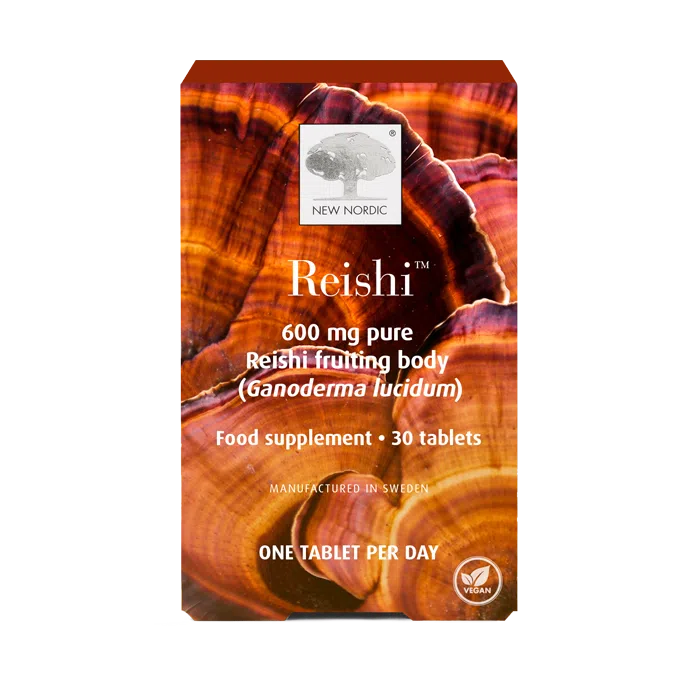 New Nordic Reishi tablets help maintain overall wellness, made from the fruiting body of Reishi mushroom with traditional Ganoderma lucidum extract. Image of product.
