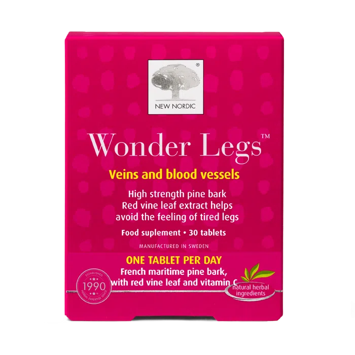 Wonder Legs – Old Age, Moving Your Body and Keeping Your Legs Feeling Their Best 4 New Nordic Wonder Legs tablets help maintain healthy veins and blood vessels, while helping reduce tired and heavy legs, with red vine leaf, pine bark, and vitamin C. Image of product.
