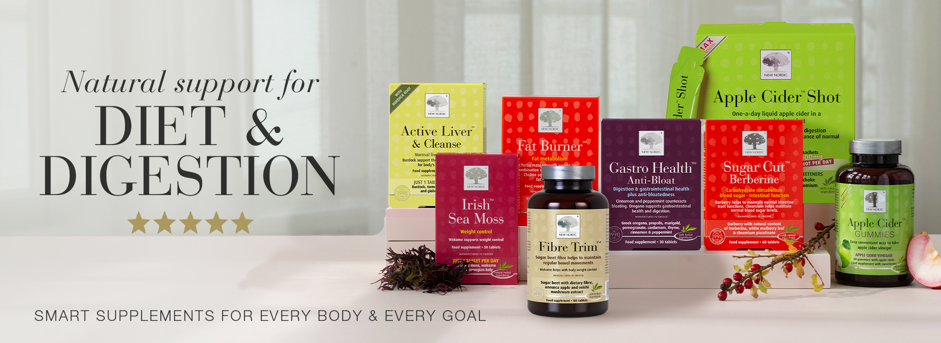 Banner showing a range of New Nordic diet and digestion supplements in colourful product packs.