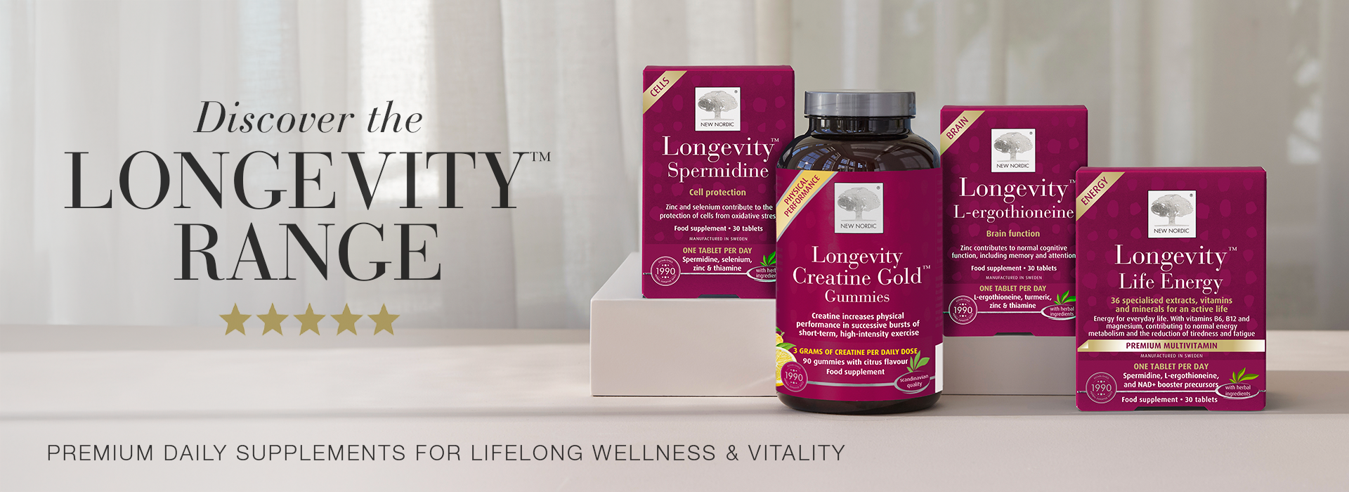 Image of New Nordic Longevity products with text Discover the Longevity Range, Premium supplements for lifelong wellness and vitality.