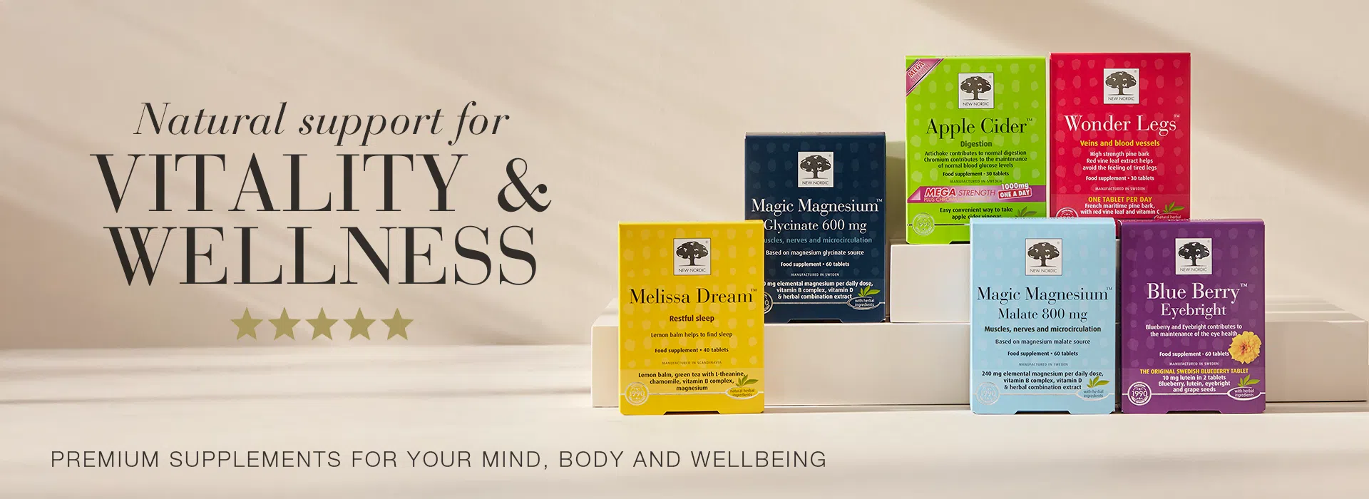 Banner showing a range of colourful premium natural supplements, including magnesium, sleep, digestion, eye health and circulation.