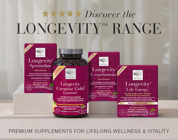 Image of New Nordic Longevity products with text Discover the Longevity range, Premium supplements for lifelong wellness and vitality.