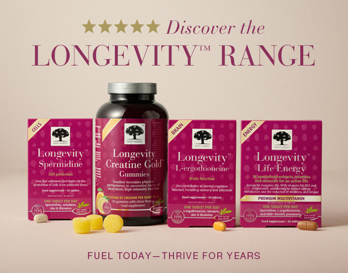 Image of New Nordic Longevity products with text "Longevity starts here. Fuel today— Thrive for years."