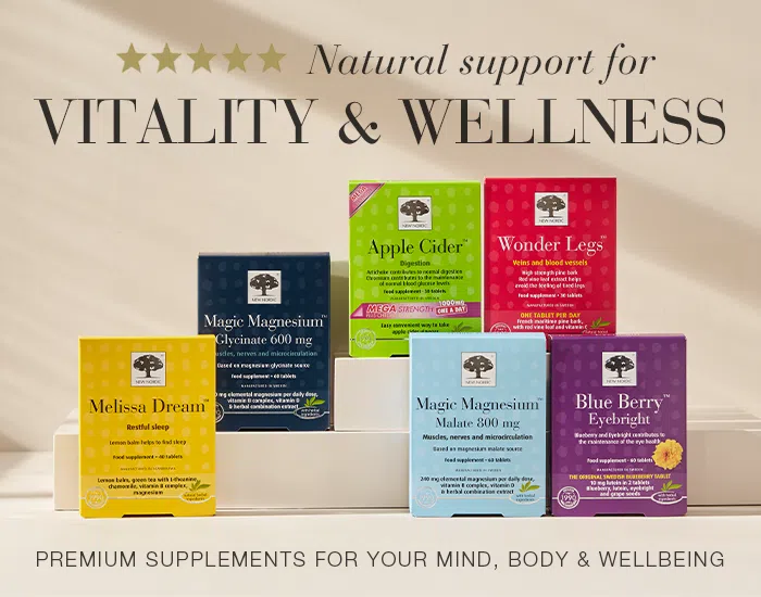 Banner image showing a range of premium natural supplements in colourful boxes on a display stand, including magnesium, apple cider, sleep, digestion, eye health, and circulation formulas, with the headline “Natural support for Vitality & Wellness” and the tagline “Premium supplements for your mind, body & wellbeing.”