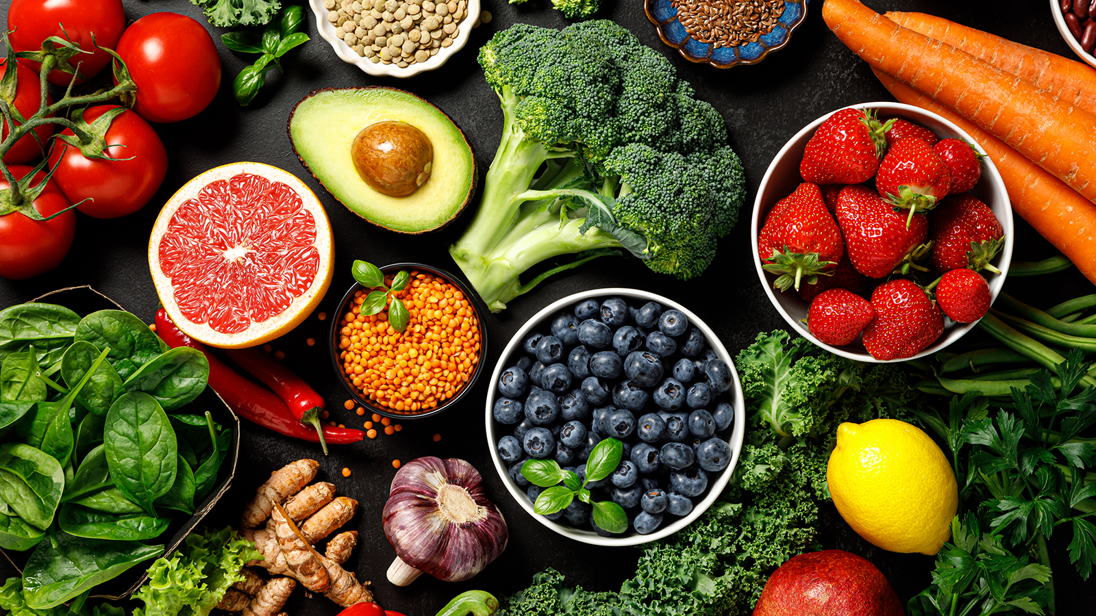 Blue Berry™ Eyebright Plus 19 A colorful assortment of different fruits and vegetables.