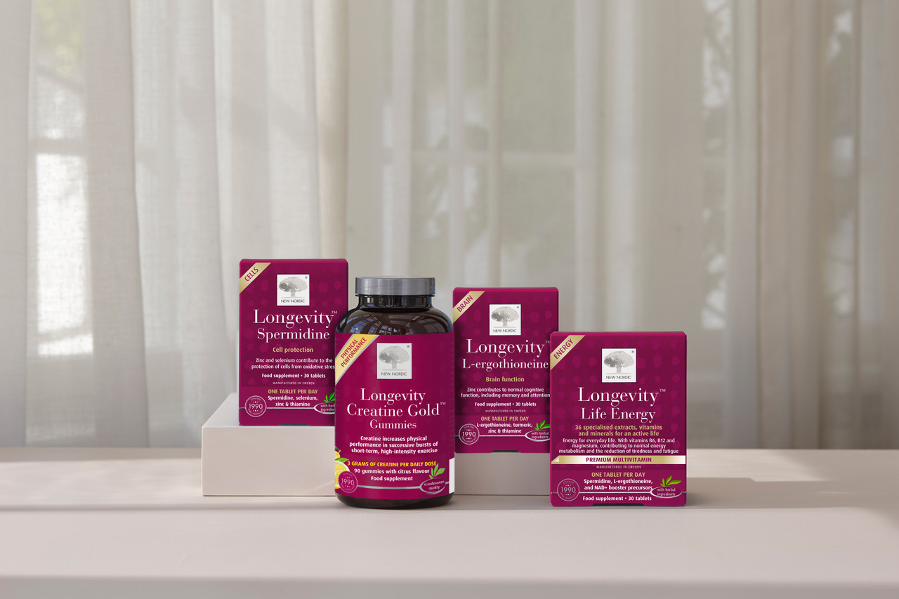 The full range of New Nordic Longevity products displayed together for a premium, wellness-focused look.