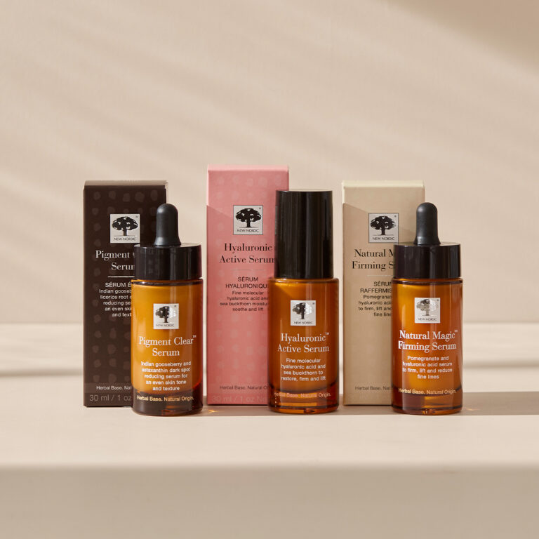 3 different kind of skin care serum products. Both boxes and glasses.