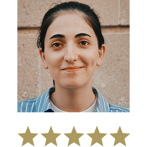 Woman smiling with five stars beneath