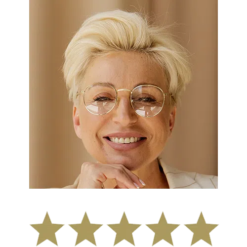 Calcium Mega™ 14 Woman smiling with five stars beneath